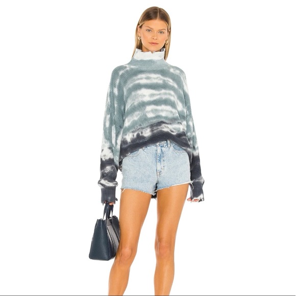 Young Fabulous & Broke Distressed Sweater Blue Tie Dye Oversized Mock Neck Tunic - Picture 16 of 16